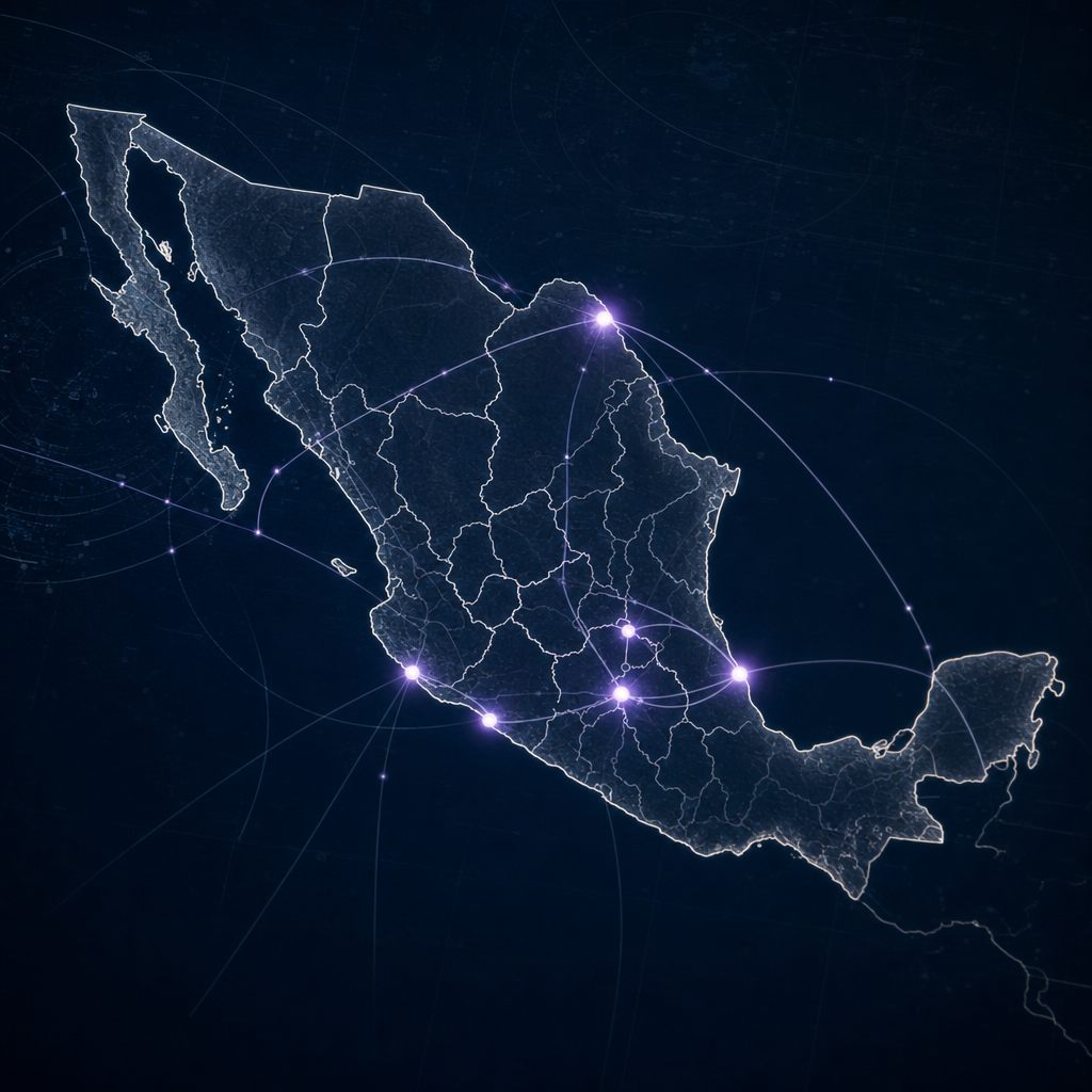 Mapa estilizado de México mostrando las aduanas donde EMA opera: Manzanillo, Lázaro Cárdenas, Veracruz, AICM, AIFA, Querétaro y Nuevo Laredo.