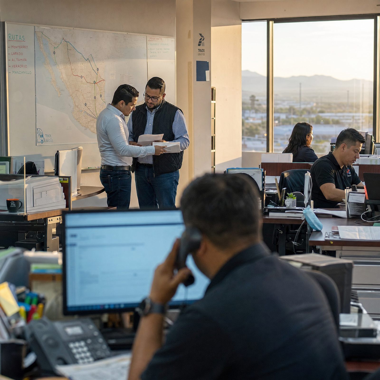 Oficina de operaciones de EMA Trade: una persona atiende un embarque por teléfono mientras dos colegas revisan documentación frente a un mapa de rutas de México.